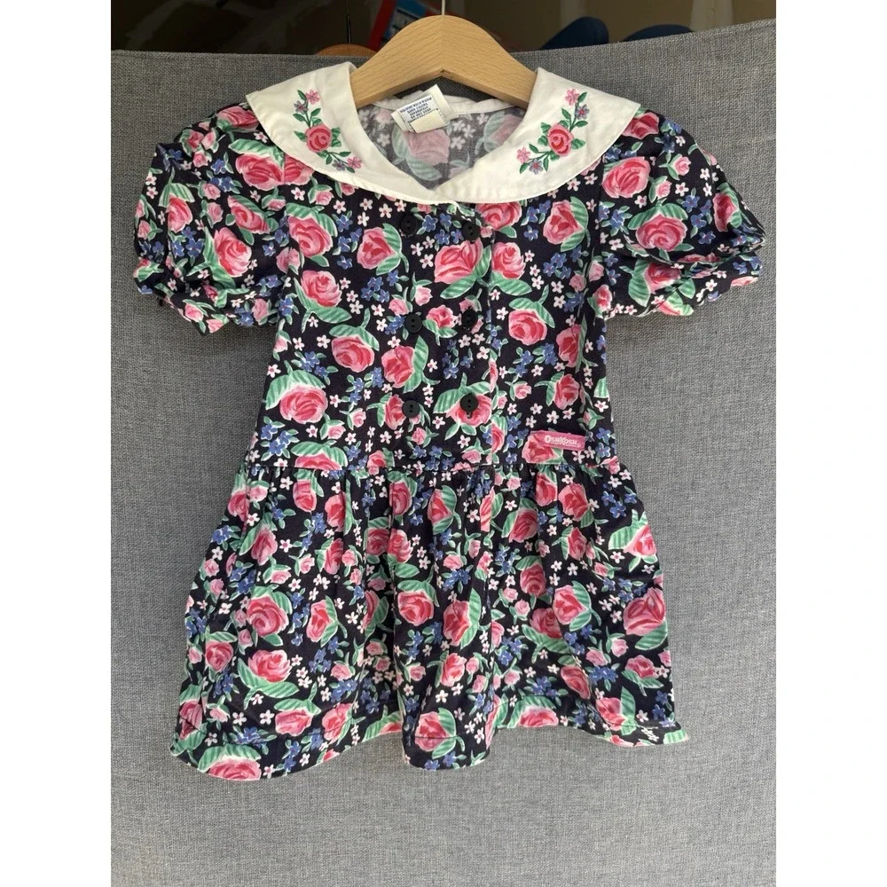 Vintage Sz 2T Oshkosh B'Gosh 90's Floral Dress Embroidered Peter Pan Collar